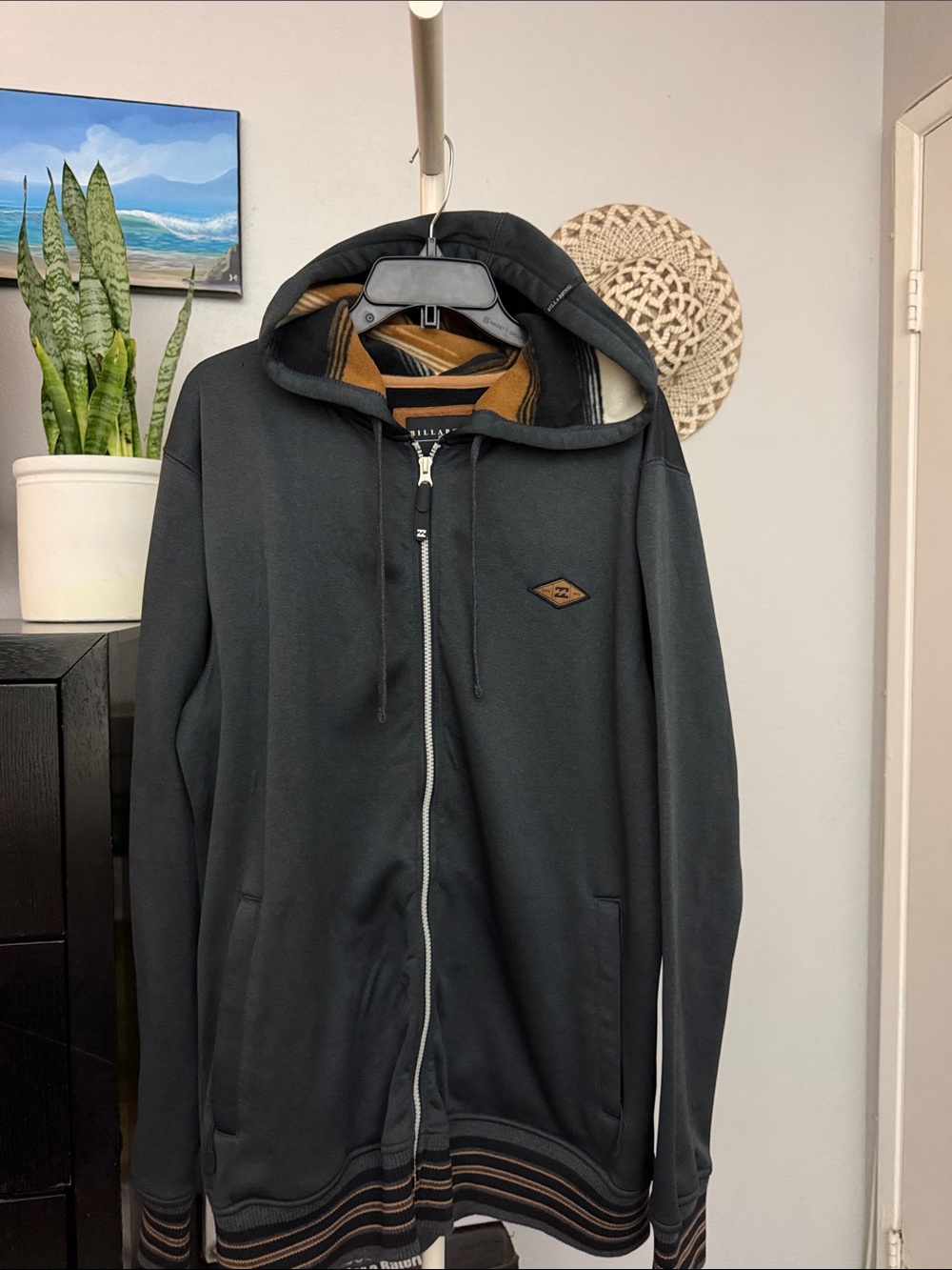 Billabong Striped Zip Tall Hoodie in Black & Brown XL